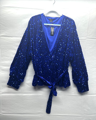 Boohoo Damen blau Samt Pailletten Gürtel Wickelbluse Übergröße 28 Langarm