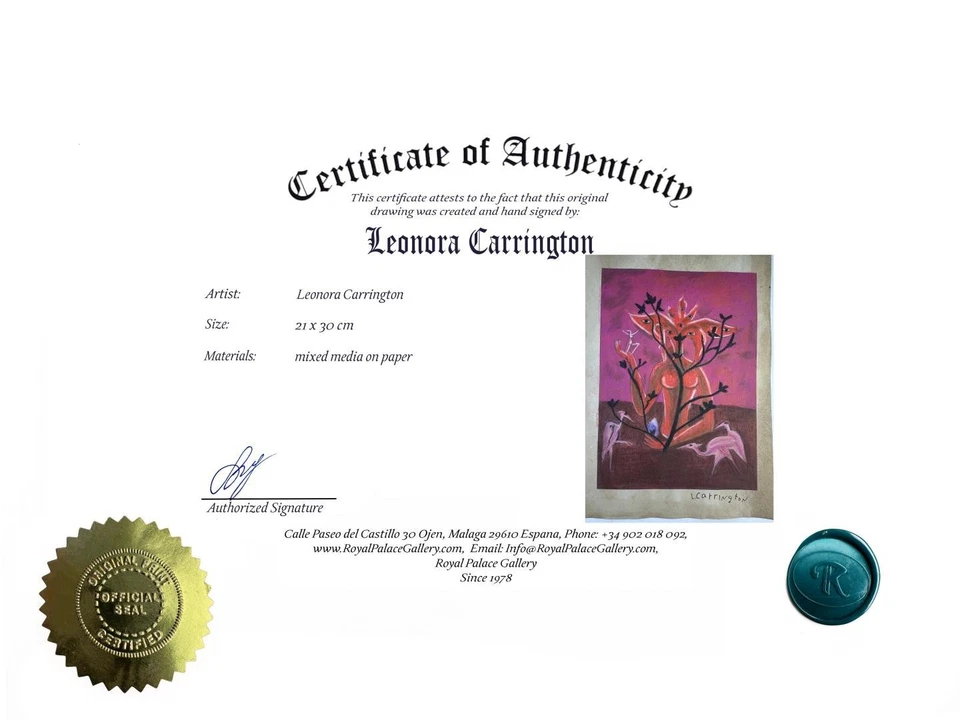 Pintura artística Leonora Carrington certificado de autenticidad dibujo original papel vintage firmado Foto 3 de 3