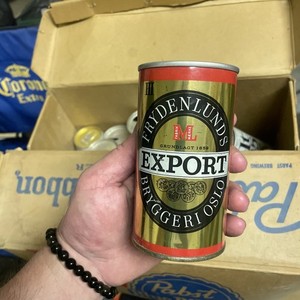 vintage beer can: FRYDENLUNDS export OSLO NORWAY- STEEL wide seam -BOTTOM OPENED