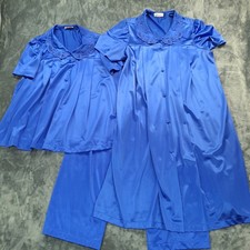 Vtg Vanity Fair Blue Nylon Pajama Robe Set M L Lace Collar Peignoir Made In USA