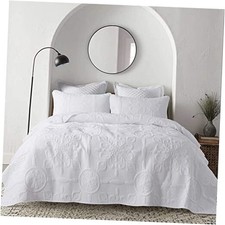 Damask Quilt Size Bedding Sets with 2 Pillow Shams, Boho Bedspread Queen White