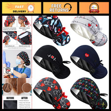 6 Pack Satin Lined Scrub Caps for Women with Buttons  Ponytail Holder