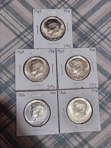 kennedy half dollars silver lot of 5 1965-1966 uncirculated