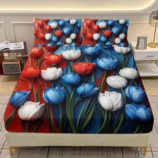 Tulip Fitted Sheet Set Full Size, Tulip Floral Print Bedding Set for Girls Wo...