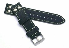 20mm Black Double Rivet Style Oily Cowhide Leather Watch Band Silver Tone Buckle