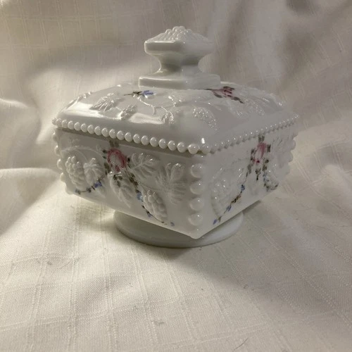 Vintage Westmoreland Milk Glass Candy Dish Wedding Box Pink Flowers