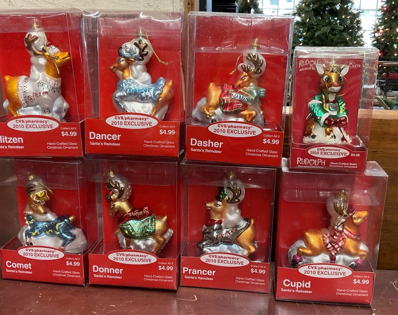 2010 CVS Exclusive Hand-Crafted Glass Christmas Ornaments Santa's Reindeer Set 8