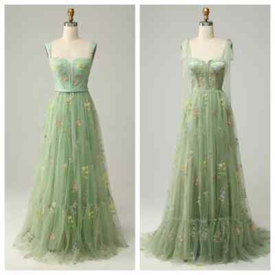 Lowime Puffy Sleeve Embroidery Flower Long Prom Dresses Train Evening Gowns
