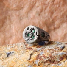 Emerald Men's Vintage Ring, 925 Sterling Silver Ring, Black Oxidize Signet Ring