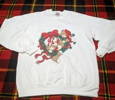 Vintage 80s Jerzees Christmas Bear Crewneck Sweatshirt Raglan White Sz L USA