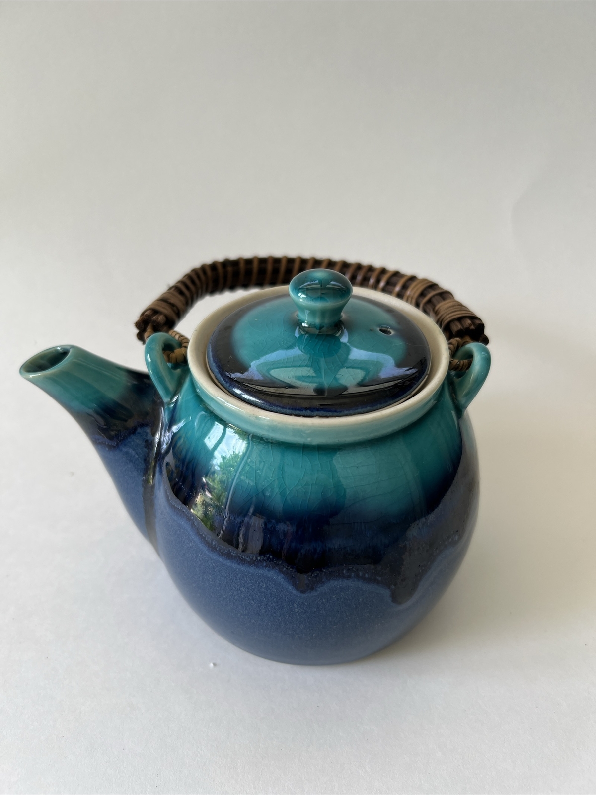 Teavana Fine Stoneware Ceramic Teal & Blue Teapot With Wicker Handle As