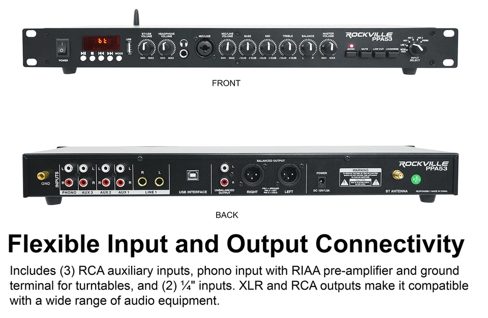 Rockville PPA53 Preamp Pro 1U Pre-Amplifier w/Bluetooth/USB/Computer Interface - Image 3 of 4