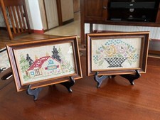 Two VTG Framed Needlepoint Cross Stitches with Stands