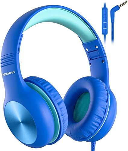 Kids Headphones with Cord, Over-Ear Headphones for Kids with Microphone, Blue