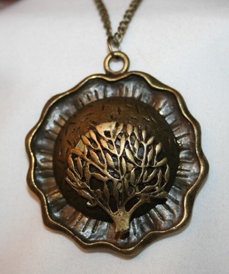 Unique Ripple Rimmed Sculpted Tree of Life Brasstone Pendant 