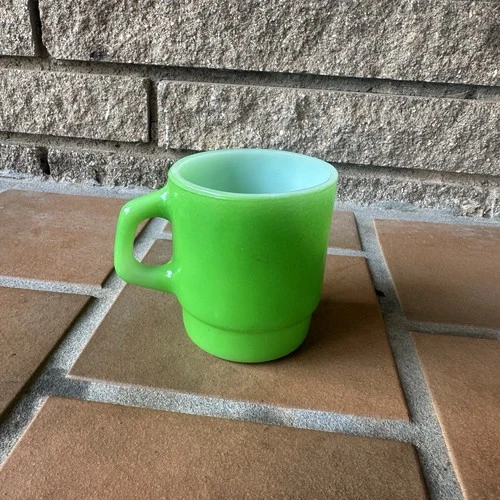 Vintage Anchor Hocking Fire King Oven-Proof USA Green 70’s Milk Glass Mug Cup