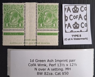 1931 Australia Ash Imp Pair 1d Gn KGV stamps MCCAWMK P13 1/2X12 1/2 Mint Cat $50