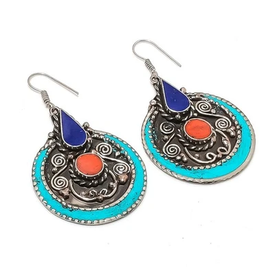 Boucles d'oreilles corail turquoise lapis lazuli bijoux tibétains vintage nép... - Photo 1/4