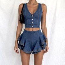 Vintage Y2K High Waisted Ruffle Asymmmetric Denim Mini Flared Skirt Size XS/S