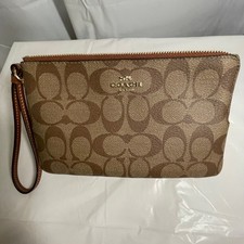 Vintage Coach Dbl Zip Wallet Wristlet Tan Brown Gold Signature coated canvas NWT