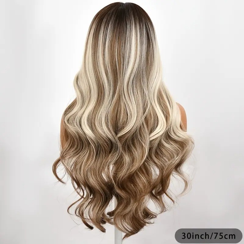 Long 30 Inch Synthetic Wig Water Wave Brown Highlight Loose Curl for Women