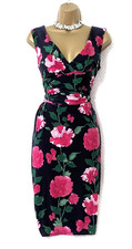 PHASE EIGHT Navy Pink Floral Ruched Bodycon Dress Sz 14 Sleeveless Wedding Guest