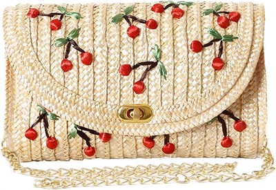 EVEOUT Stroh Clutch Umhängetasche Damen Obst Banane Kirsche Muster Mode 