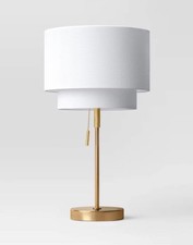 Modern Accent Lamp White Drum Shade Brushed Gold Base Pull Chain Bedroom