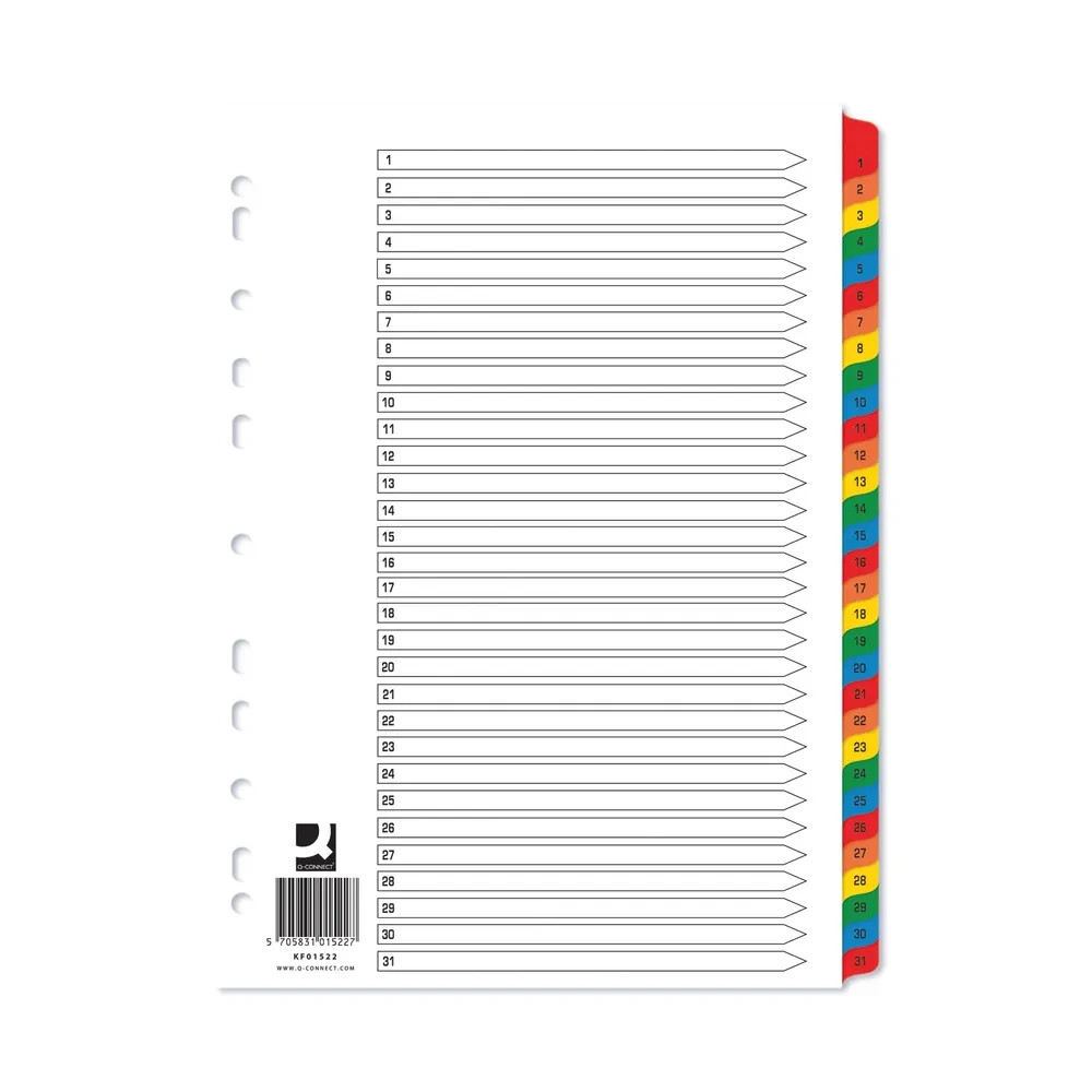 A4 1-31 Numbered Index Subject File Folder Dividers KF01522 Multi Coloured Mylar