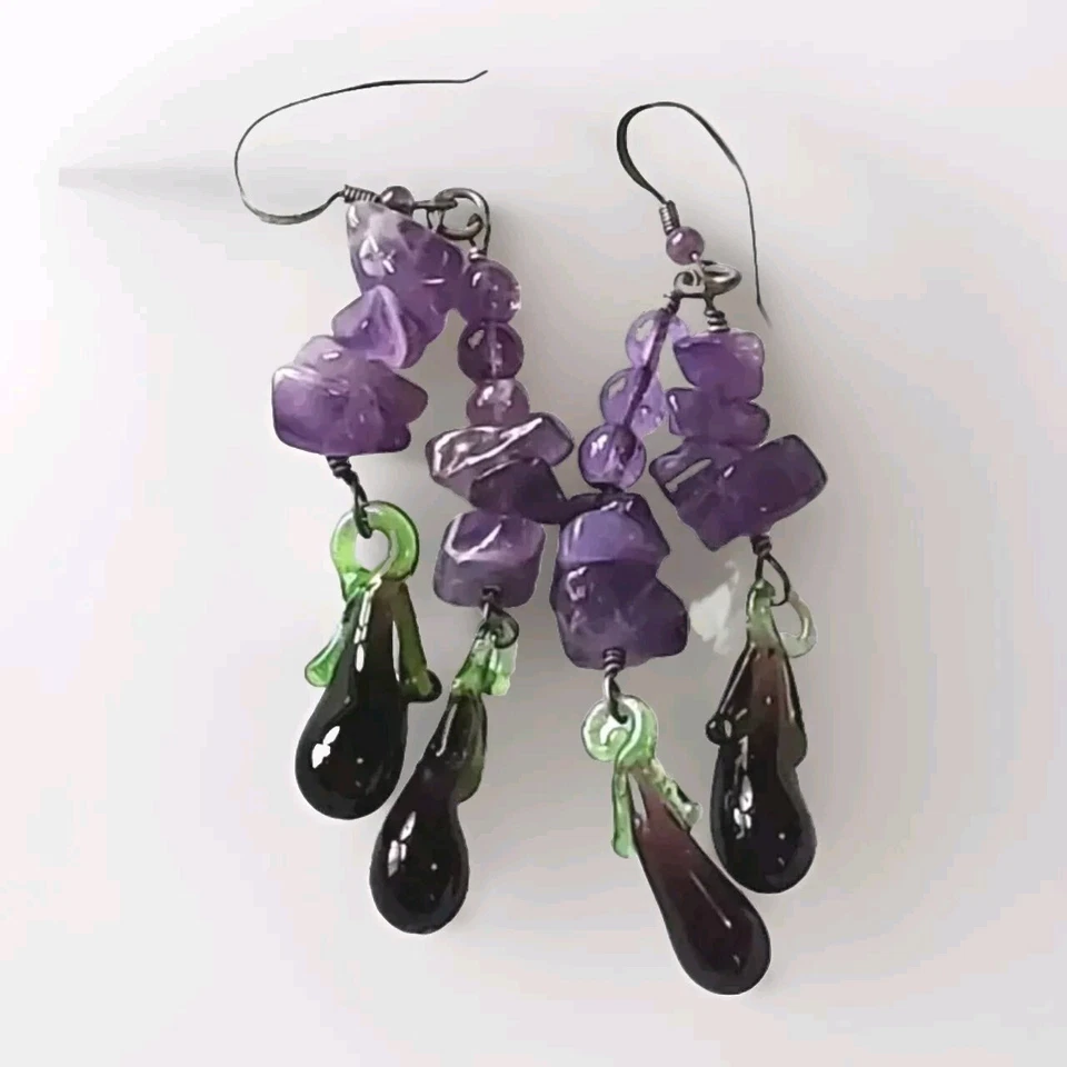  Amethyst & Glass Eggplant Earrings Beads  Purple Aubergines Cute  Veggie Quirky - Image 2 of 4