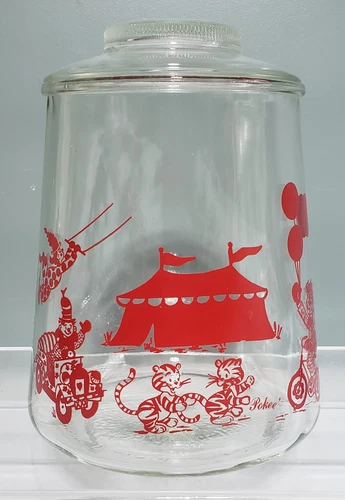 Bartlett Collins Red Circus Trapezoid Glass Cookie Jar w/LID 8-1/2" Clowns POKEE