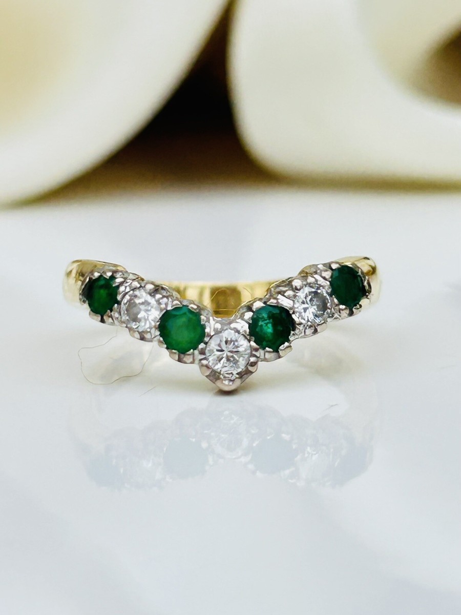 Vintage Emerald and Diamond Half Hoop Wish Bone V Shape Ring 18ct