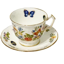 NEW! Aynsley Cottage Garden Footed Tea Cup & Saucer Set Gold Edge Rim England