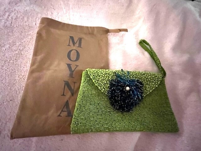 Monya Beaded Clutch with tassel, wristband and dust bag. New w/o 
