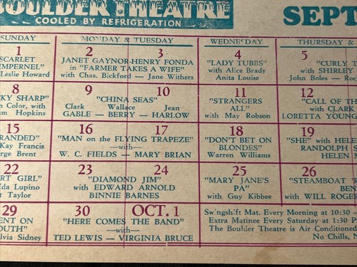 Sept 1935 BOULDER THEATRE Colorado Film Spielplan Karte SHIRLEY TEMPLE - Bild 5 von 7