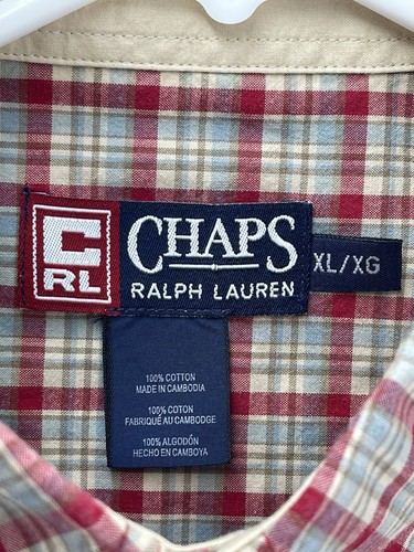 Vintage Chaps Ralph Lauren Button Shirt Mens Size XL Red Tan Plaid Short Sleeve - Picture 4 of 7