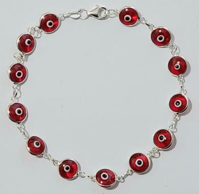 Evil Eye Bracelet Red translucent eye 7.5 inch Long 925 Sterling Silver # 32