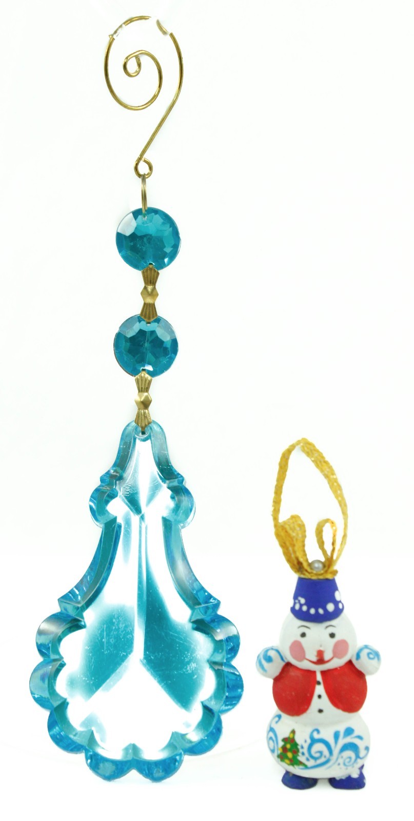 Painted Wood Snowman and Blue Icicle Christmas Ornament Set for Holiday Decor