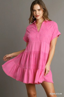 Umgee Bubblegum Floral Eyelet Detailed Split Neck Tiered Dress