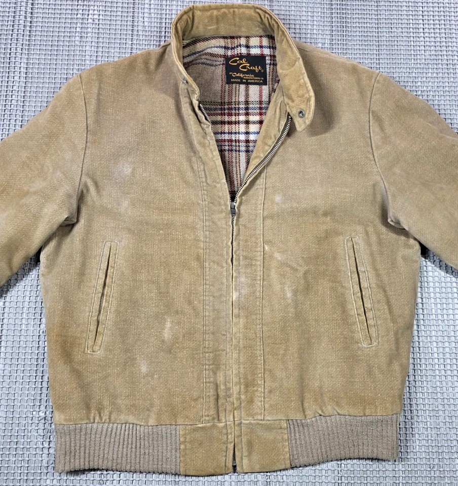 Chaqueta Bomber De Colección Cal Craft Cremallera Completa Beige Terciopelo M Forrada a Cuadros Hecha en EE. UU. Foto 2 de 4