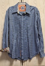 Robert Graham Men's Flip Cuff Embroidered Button Shirt Blue Stripe Sz L EUC.