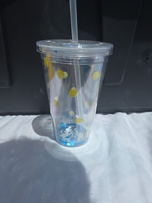 TRUE LIVING PLASTIC TUMBLER WITH Lid and Straw SMILEY FACES BLUE SPARKLES