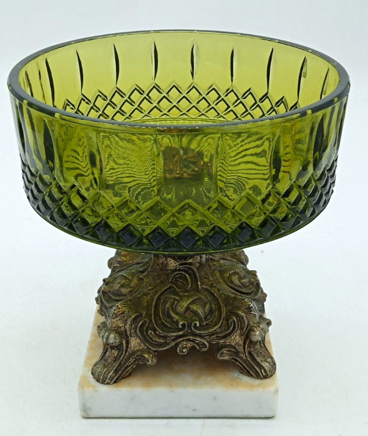 VTG Avocado Green Glass Compote Candy Dish On Brass Pedestal & Marble Base 6.5