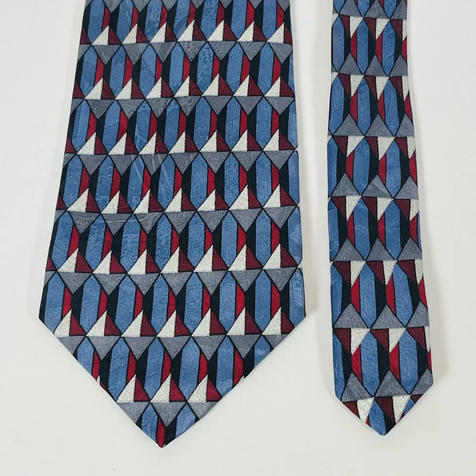 Monterey Bay 100% Silk Neck Tie Blue/Red/Silver/Black Geometric 3 7/8” - Image 2 of 4