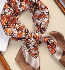 Women Orange Brown Silk Feel Satin Square Scarf Geometric Print/ 0.99 Add  l Ship