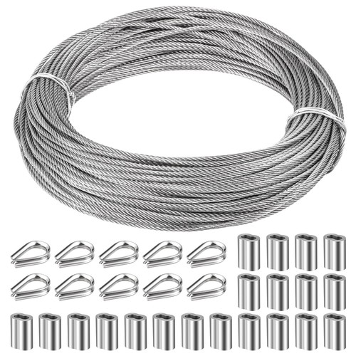 1/8" Stainless Steel Cable 100ft Wire Rope Metal Cable with Loop Sleeve and S... - 第 1/7 張圖片
