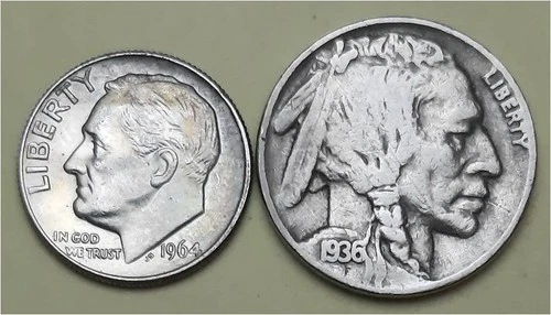 Lot of 2 Coins- 1 90% Silver Roosevelt 10c (1964D) & 1 Better Buffalo 5c (1936P)