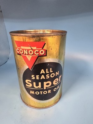 Vintage Conoco Super Motor Oil Can | Full Sealed NOS Quart | Gold Composite 1950
