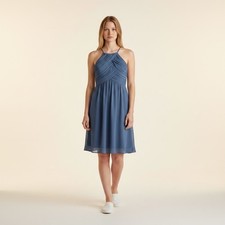 Azazie Dress Women 8 Blue Sheath Midi Zipper Sleeveless Pleated Casual Solid