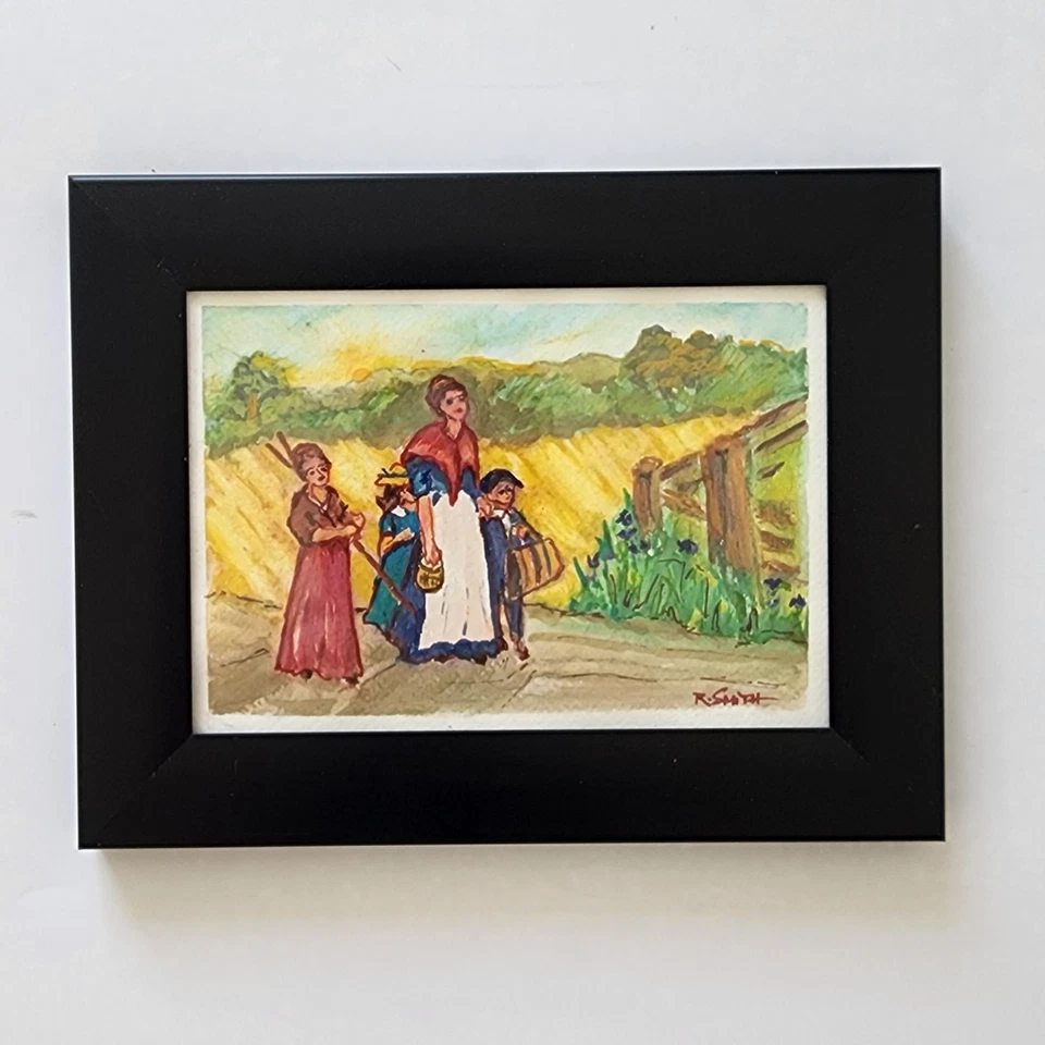 Pintura Acuarela Original Madre e Hijos Caminando Firmado 7"x9" Arte Enmarcado Foto 4 de 4